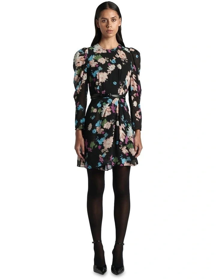 Scattered Floral Long Sleeve Mini Dress in Black