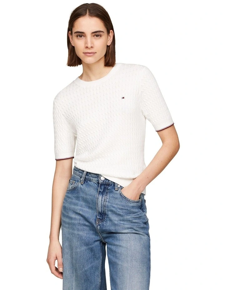 Cable Slim Fit Short Sleeve Jumper in White