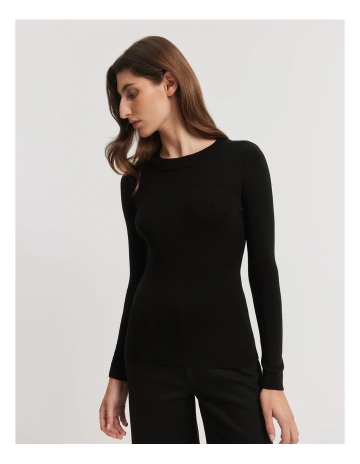 Australian Merino Wool Silk Crew Knit Top in Black