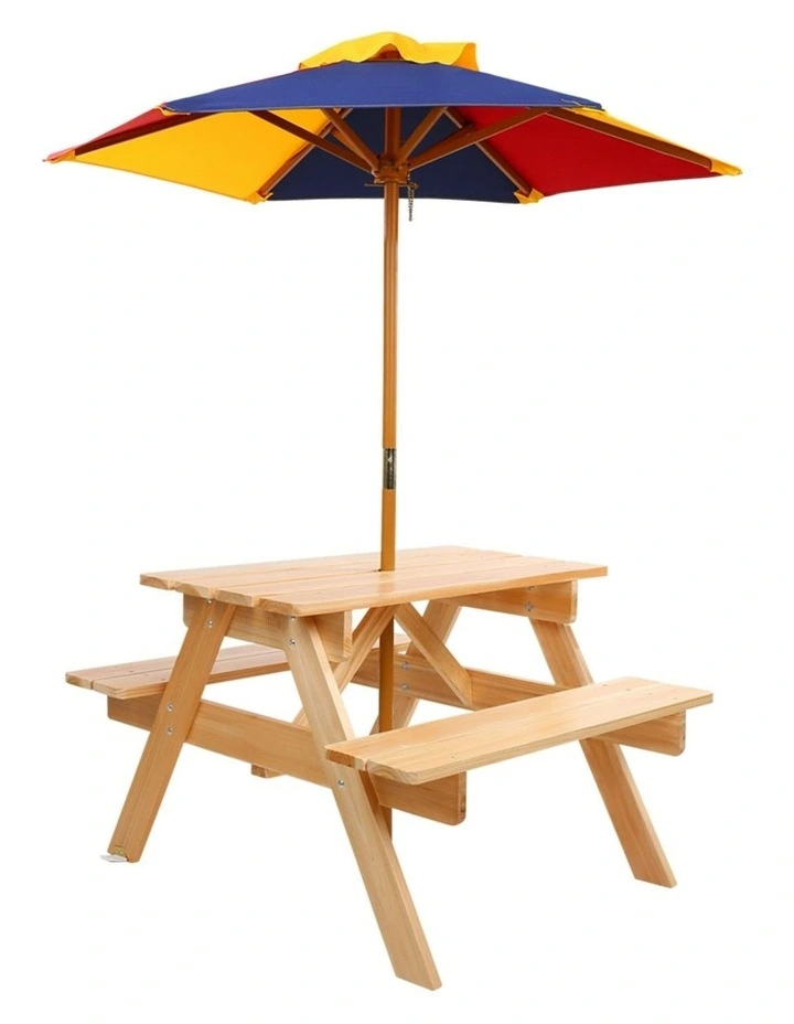 Outdoor Table and Chairs Wooden Picnic Bench Set Umbrella in Natural