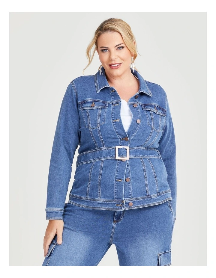 Cotton Denim Belted Jacket in Classic Blue