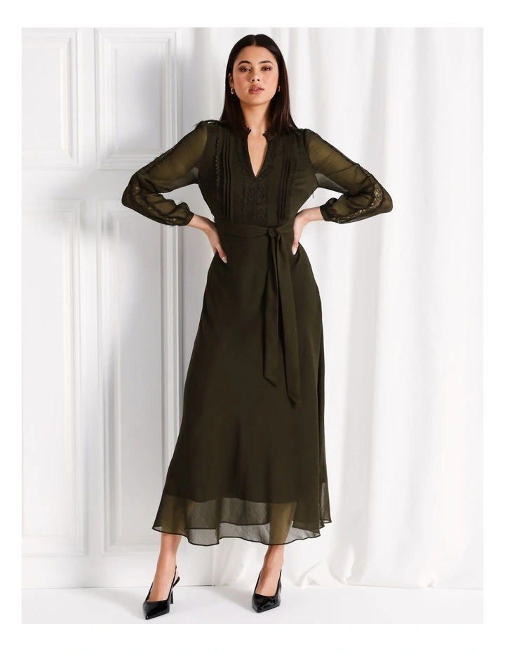 Lace Trim Blouson Sleeve Midi Dress in Khaki