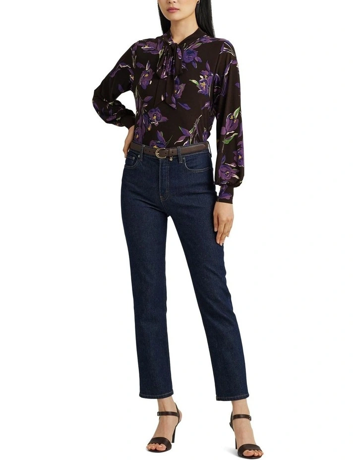 Floral Stretch Jersey Tie-Neck Top in Multi