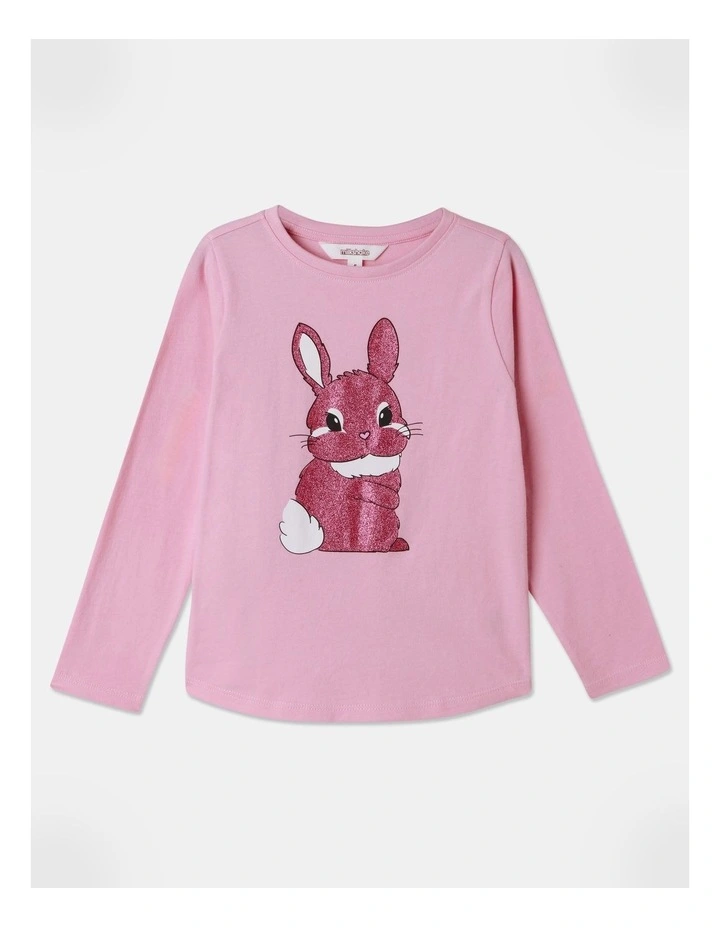 Essential Glitter Bunny Long Sleeve Tee in Pink