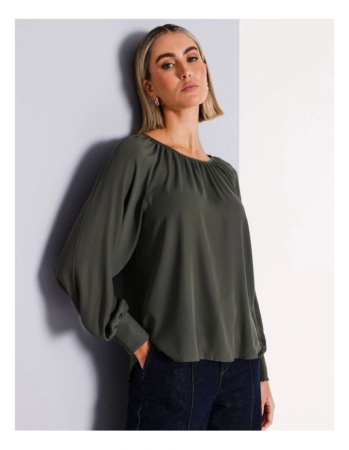 Recycled Poly Blend Gathered Neck Top in Khaki