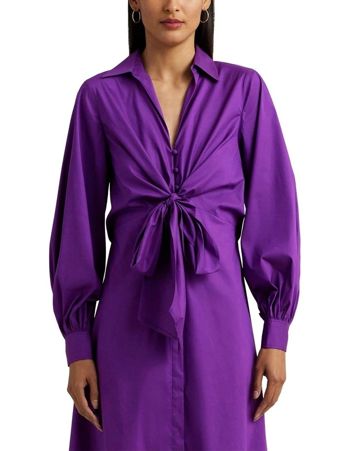 Tie-Front Cotton-Blend Shirtdress in Purple
