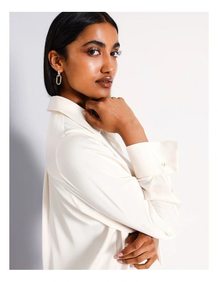 Recycled Polyester Satin Turn Back Cuff Shirt in Ecru