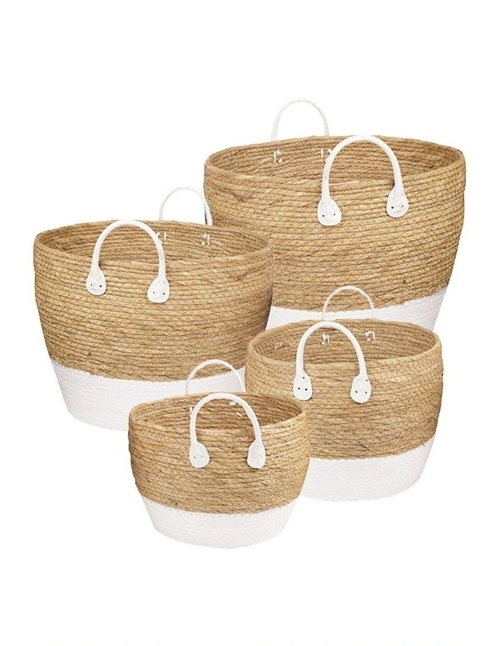Cotton Rope Stripe Carry Handles Storage Baskets 4 Piece