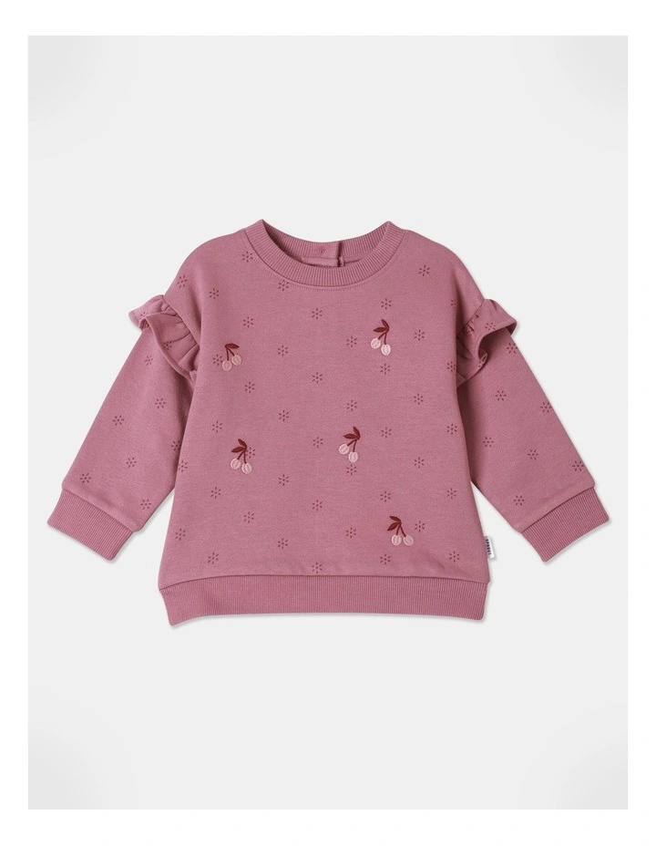 Embroidered Sweat Top With Frill Shoulders in Plum