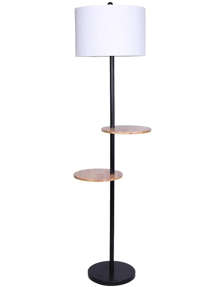 Metal Floor Lamp Stand With Black Post In Round Shade Wooden Shelves White
