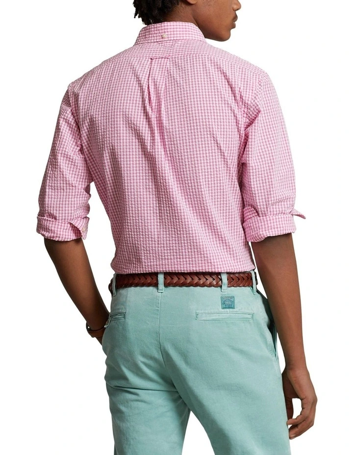 Classic Fit Gingham Seersucker Shirt in Pink