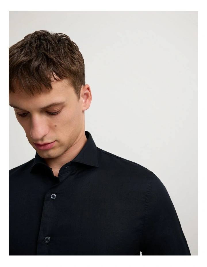 Tailored Fit Cotton Linen Shirt in Black