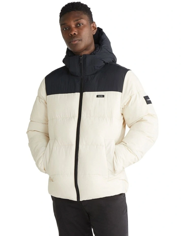 Crinkle Nylon Colour Block Puffer Jacket in Beige