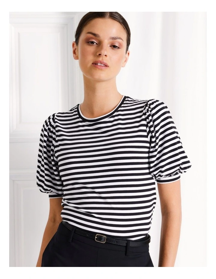 Puff Sleeve Organic Cotton Blend Striped Tee in Black/White