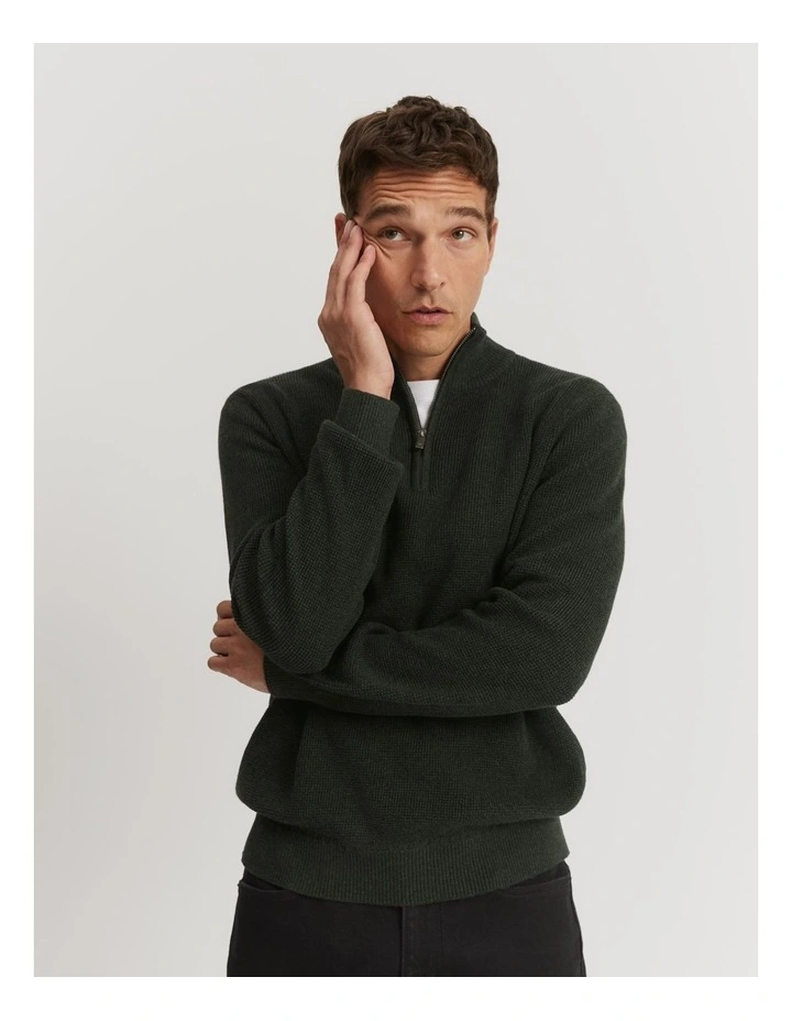 Australian Cotton Textured Half Zip Sweat in Eden Green