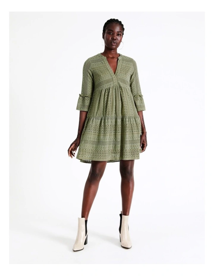 Honey Lace 3/4 V-Neck Tunic Dress in Laurel Wreath