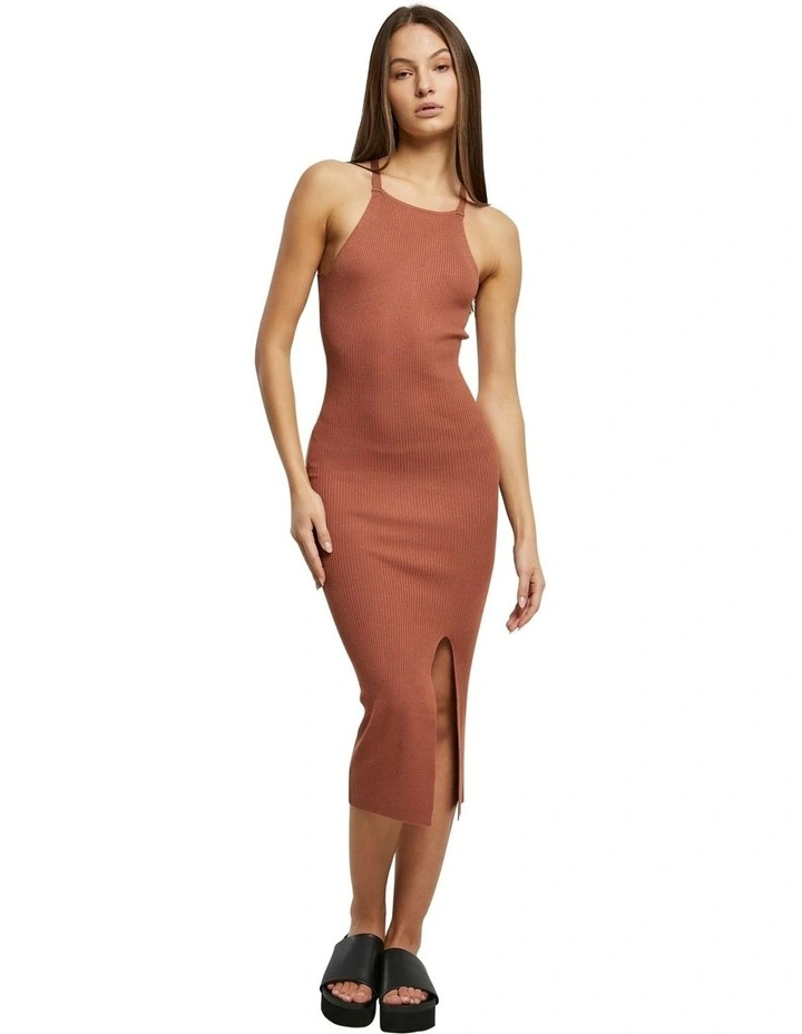 Midi Rib Knit Crossed Back Dress in Rust