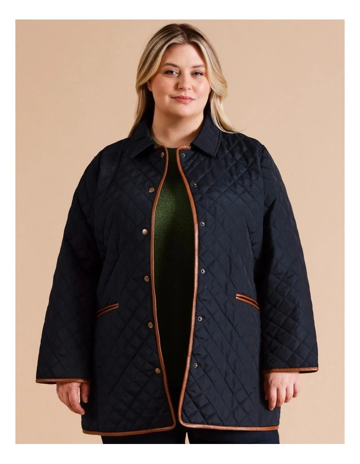Recycled Polyester Short PU Trim Quilted Jacket In Navy
