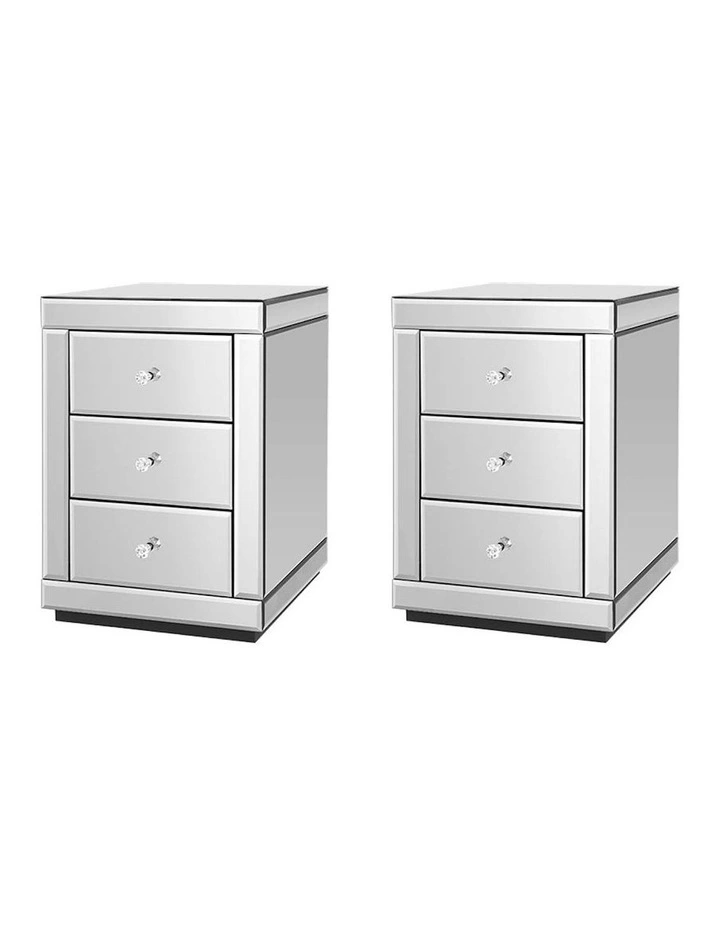 Presia Mirrored 3 Drawers Bedside Table x2 in Silver