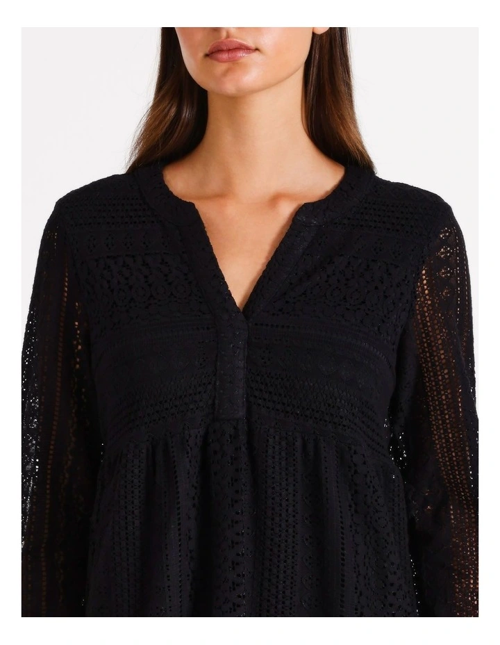 Honey Lace V-Neck Tunic Dress in Black