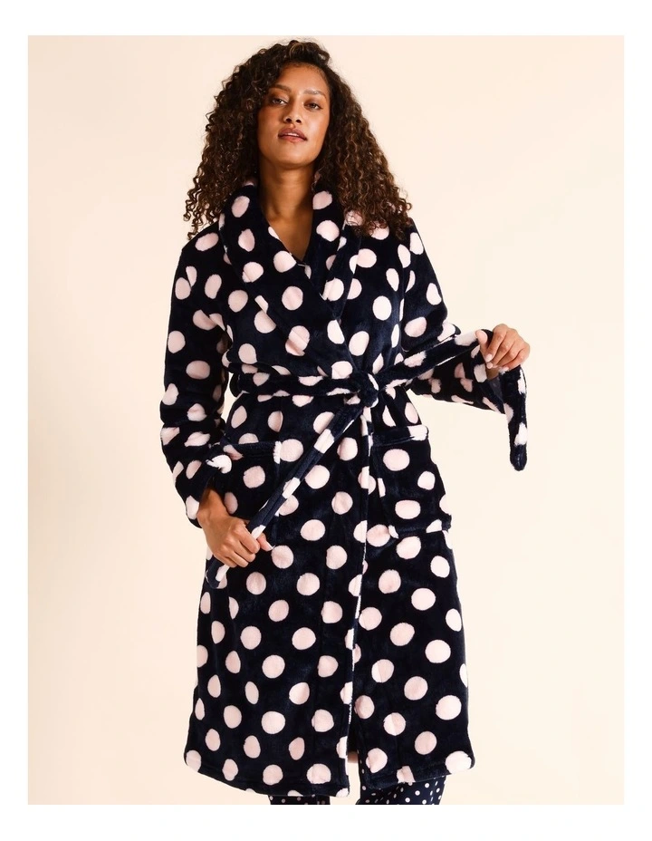 Fleece Long Robe in Navy Spot