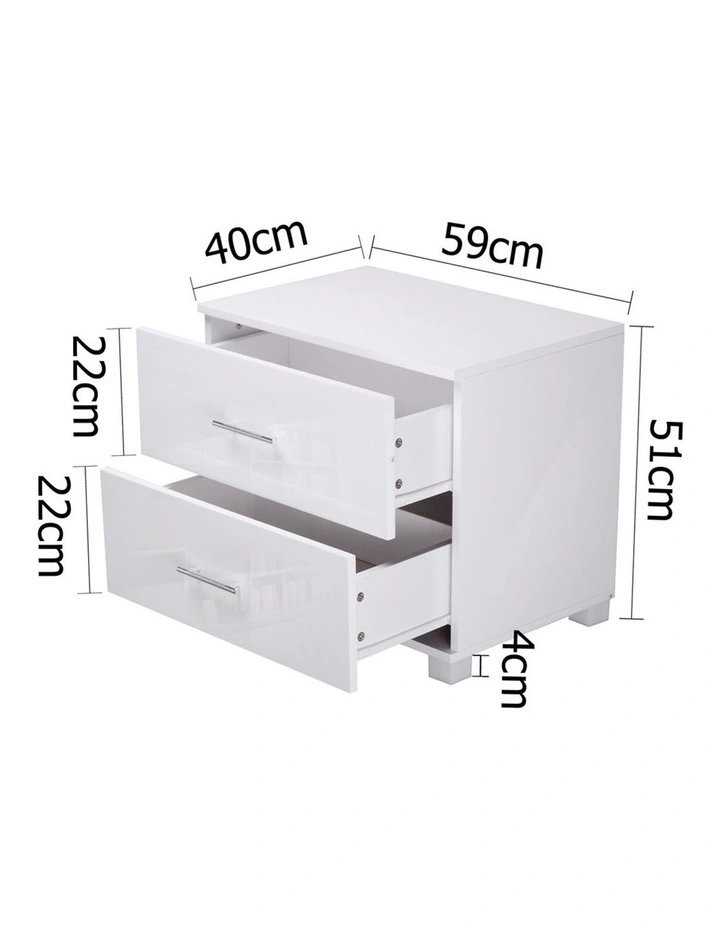Bedside Table 2 Drawers High Gloss in White