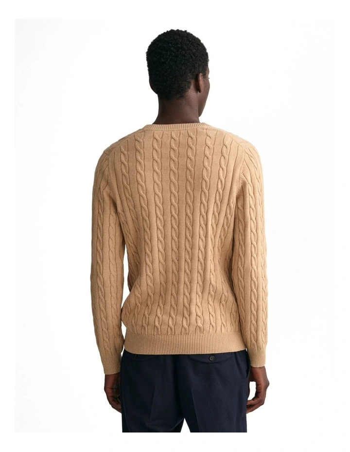 Cotton Cable Knit Crew Neck Sweater in Khaki Melange