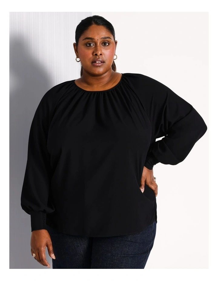 Gathered Neck Mixed Media Tee in Black