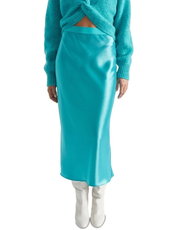 Satin Slip Midi Skirt in Blue