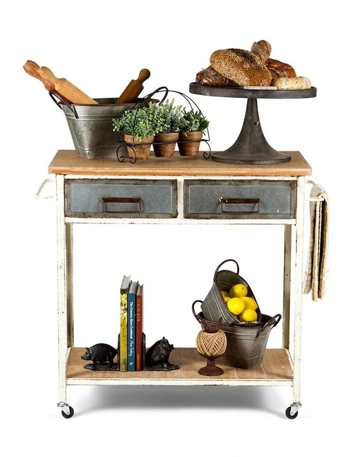 Farmer's Kitchen Console on Wheels in Natural/Antique White
