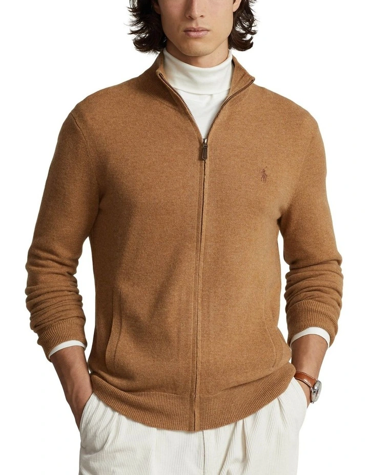 Wool Full-Zip Sweater in Brown
