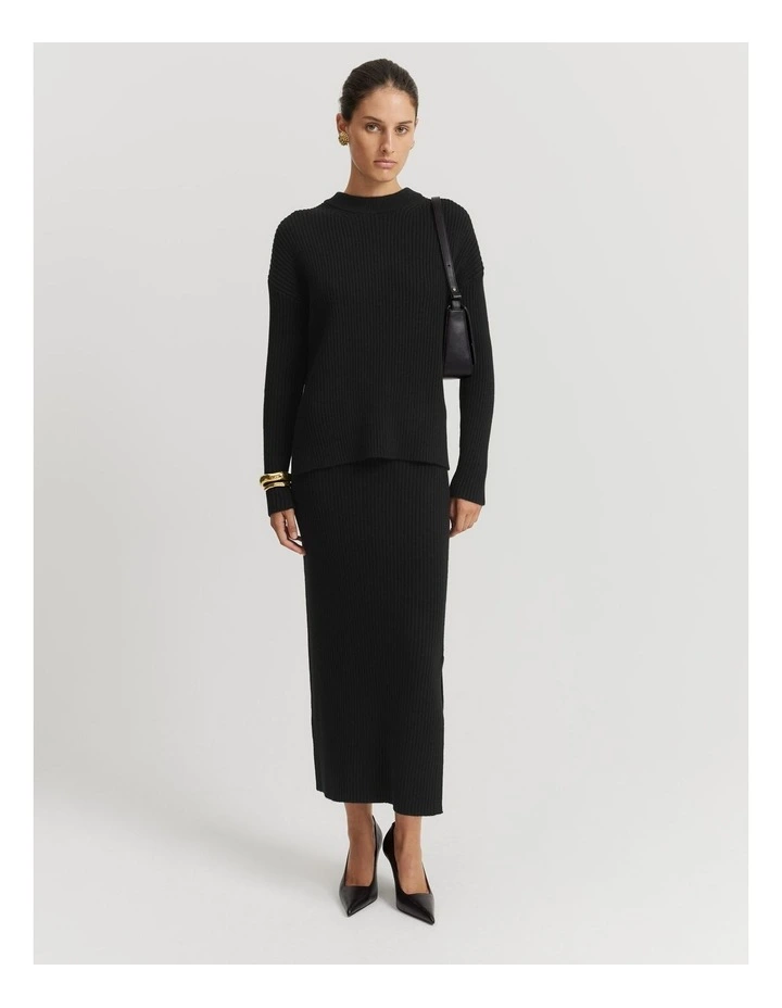 Organically Grown Cotton Cashmere Blend Crew Neck Rib Knit in Black