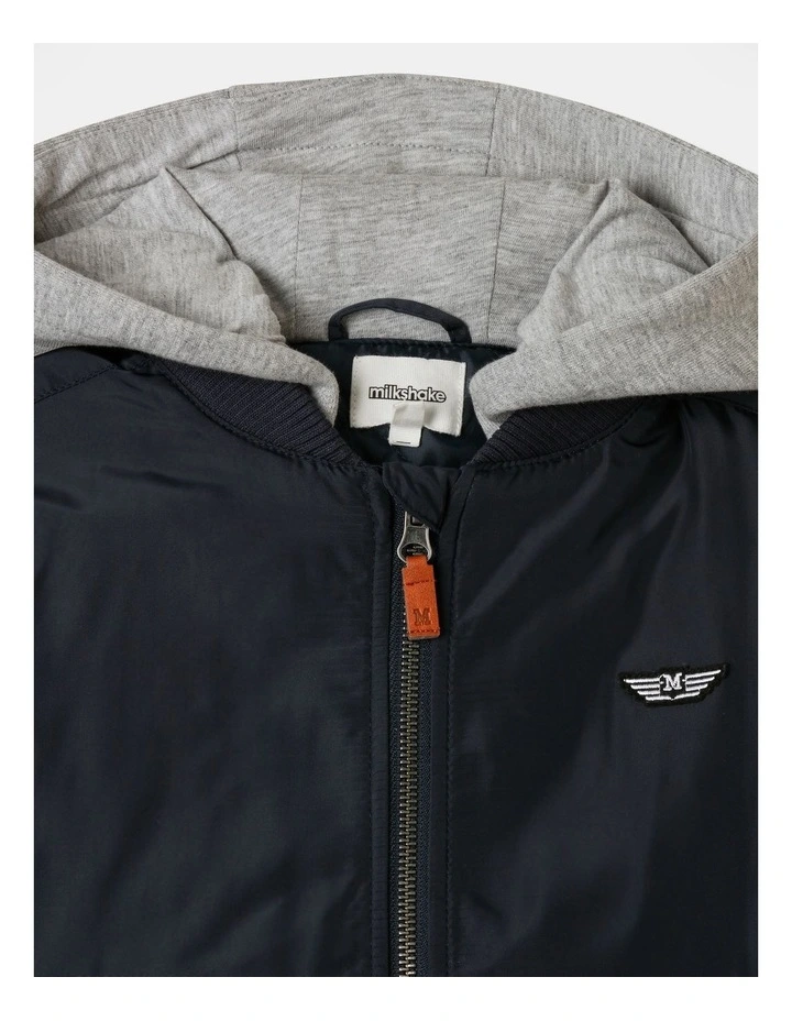 Woven Bomber Jacket With Hoodie in Navy