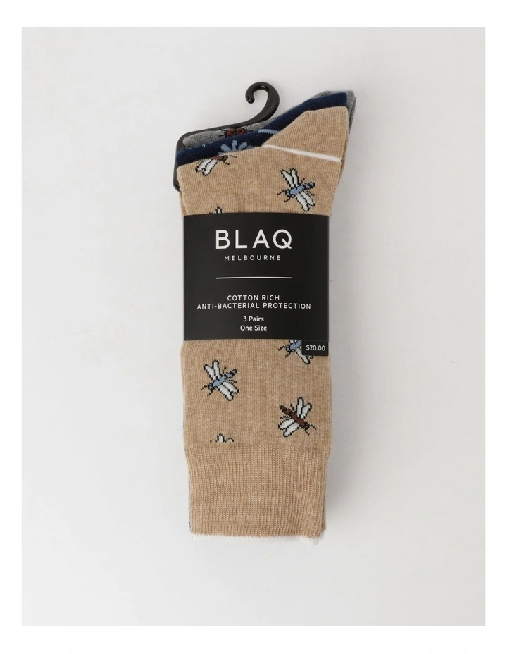 Patterned Botanical Designs Crew Length Socks 3 Pair Pack in Multi