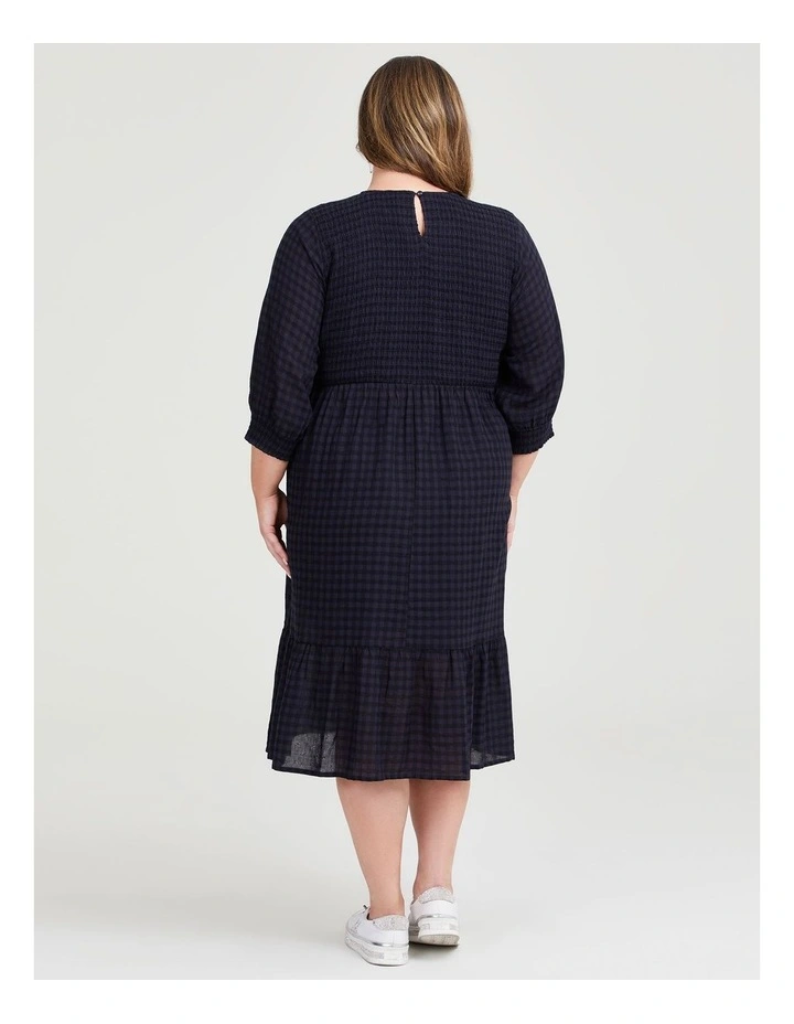 Cotton Gingham Shirred Dress in Navy