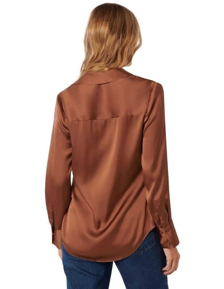 Harvey Notched Neck Satin Shirt in Brown