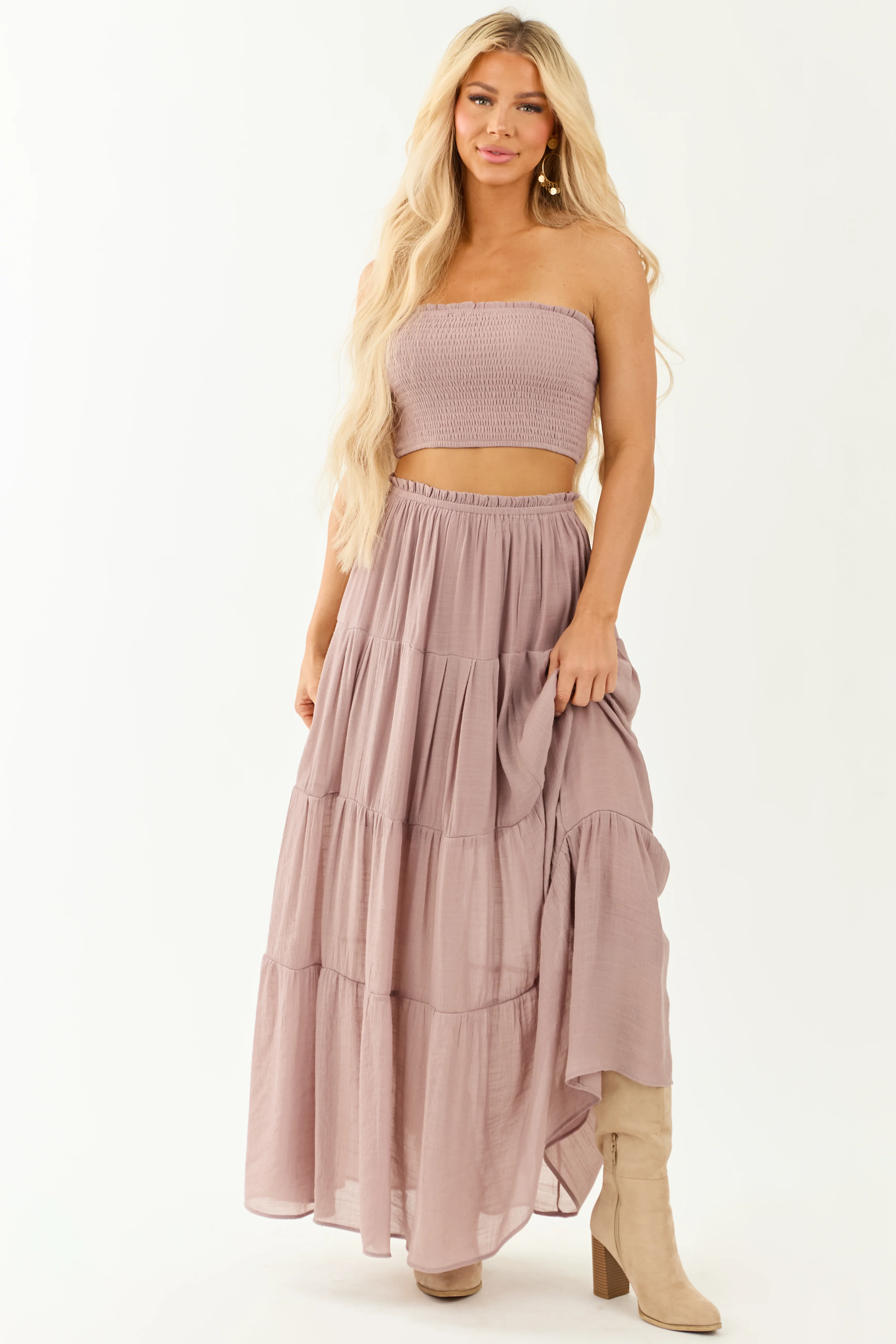 Mauve Smocked Bandeau and Tiered Skirt Set