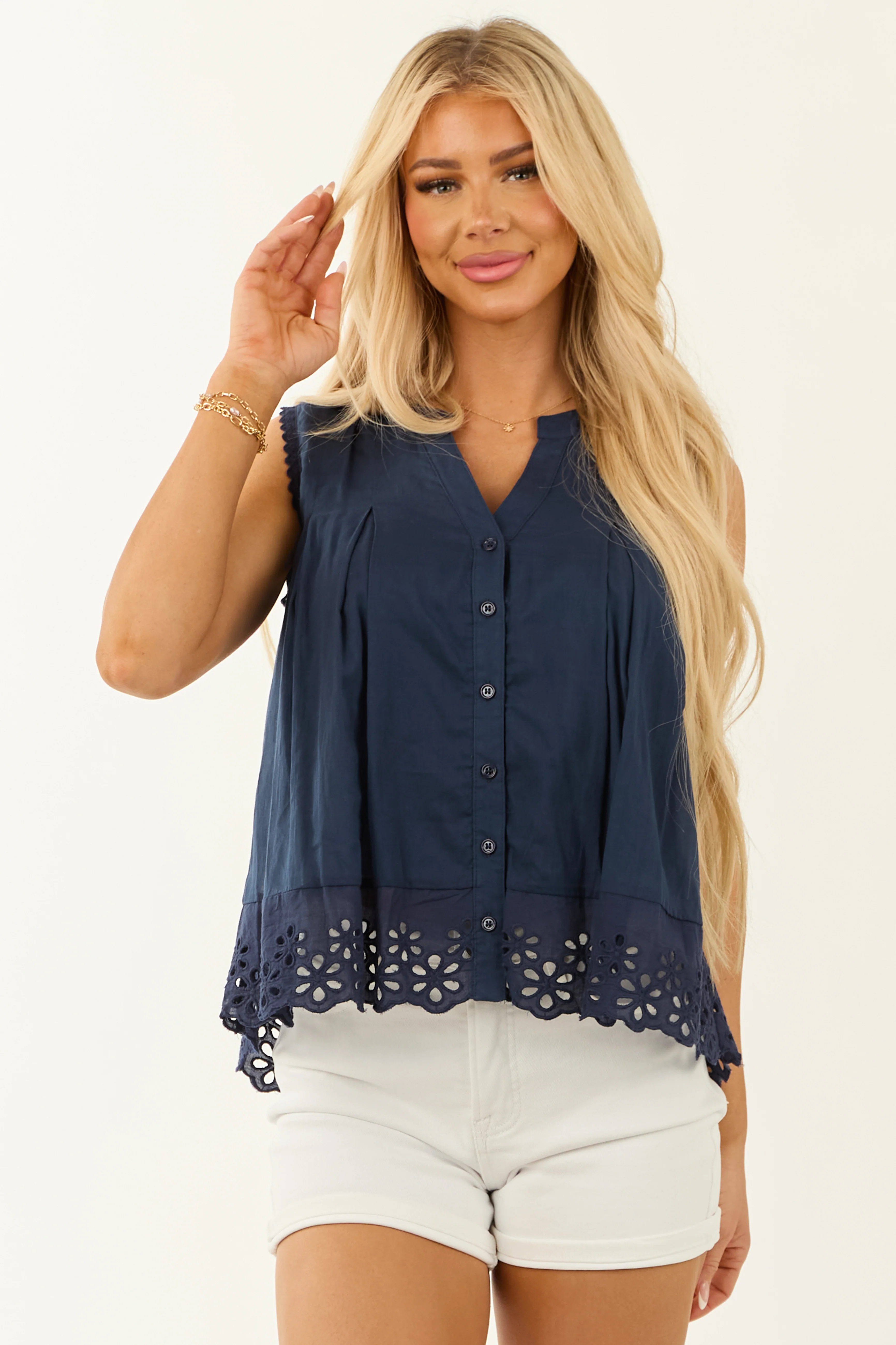 Navy Scalloped Eyelet Lace Button Down Tank Top