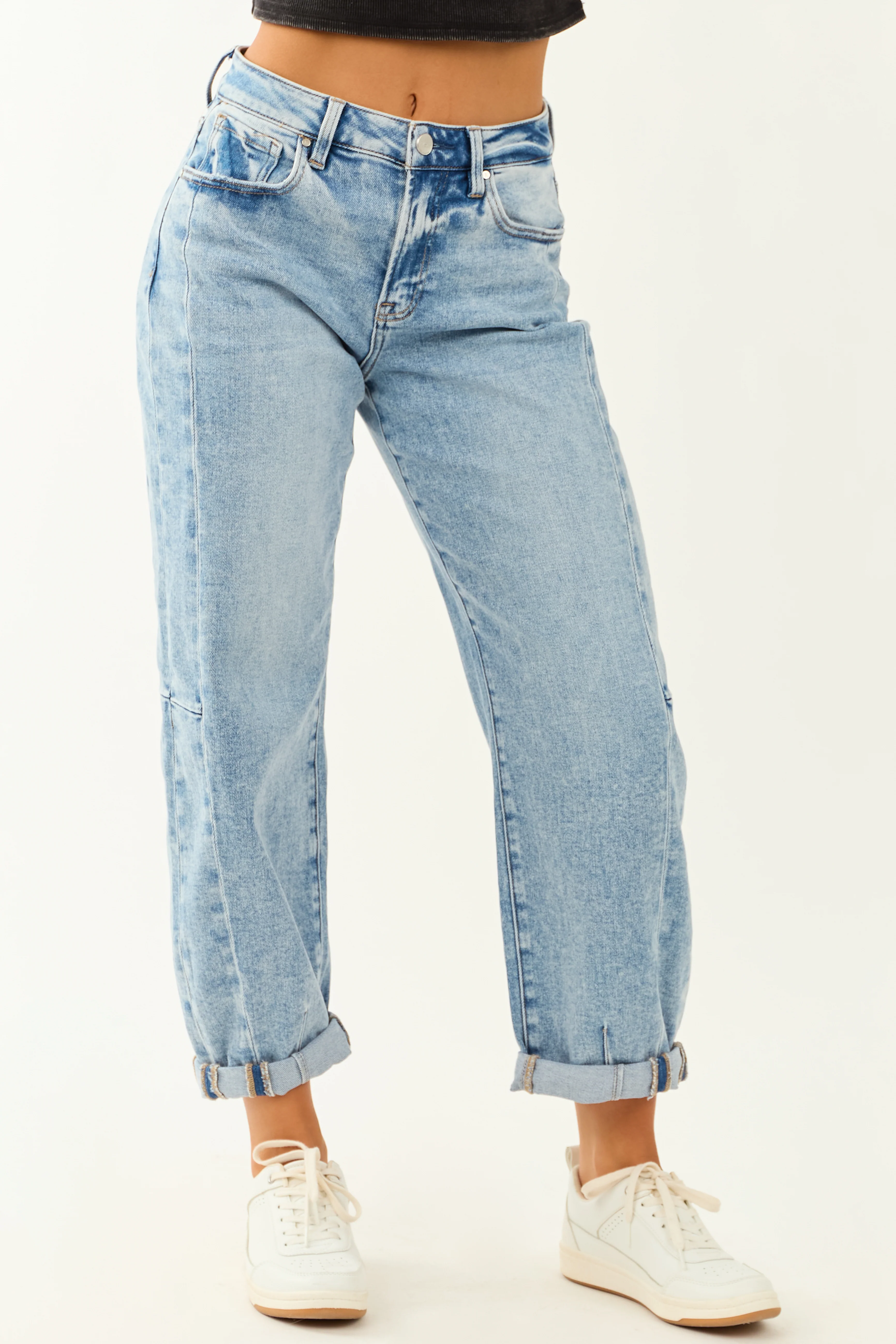 Risen Medium Wash Stretchy Barrel Cuffed Jeans