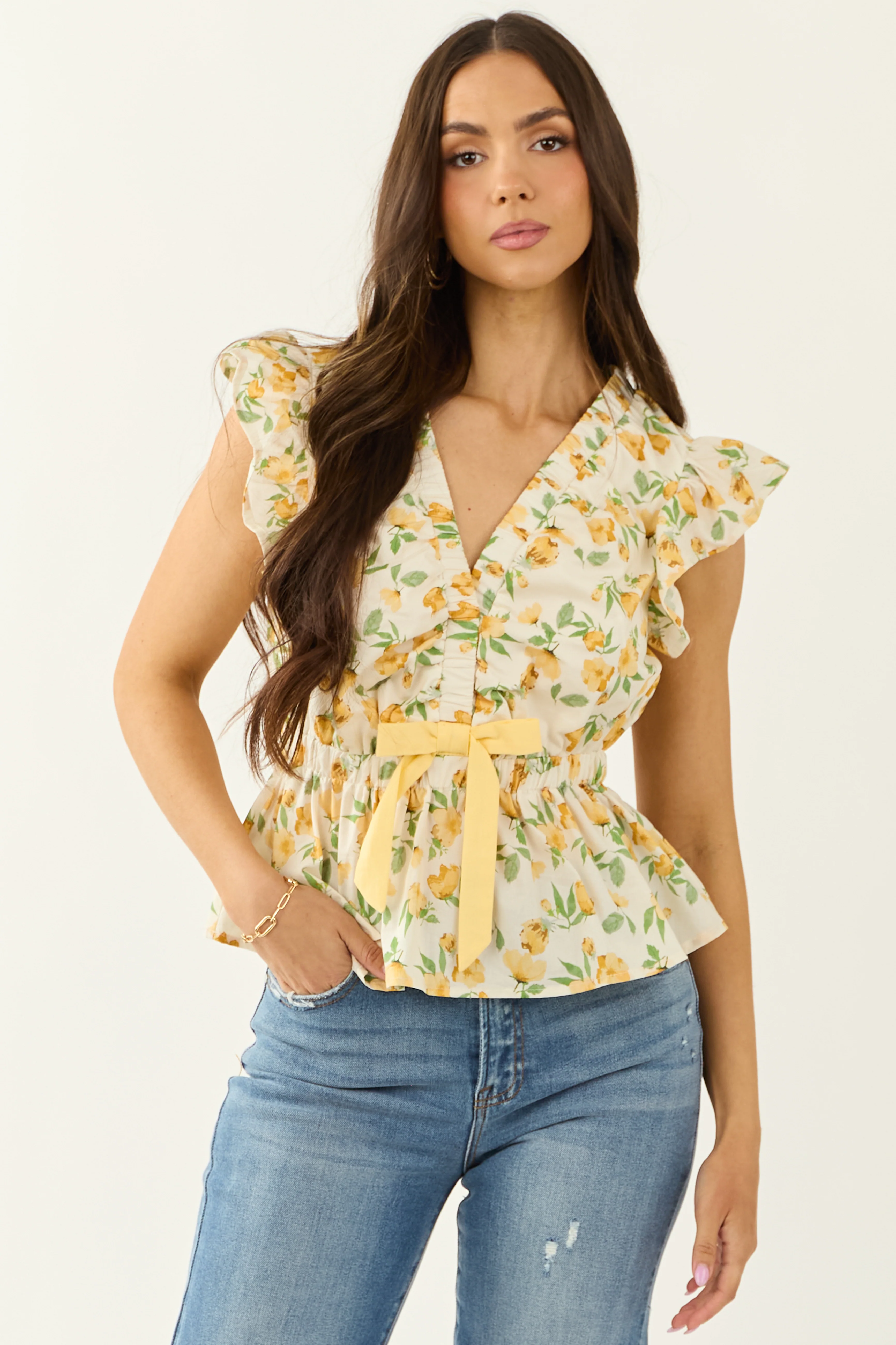 Ivory Floral Print Cotton Ruffle Cap Sleeve Top