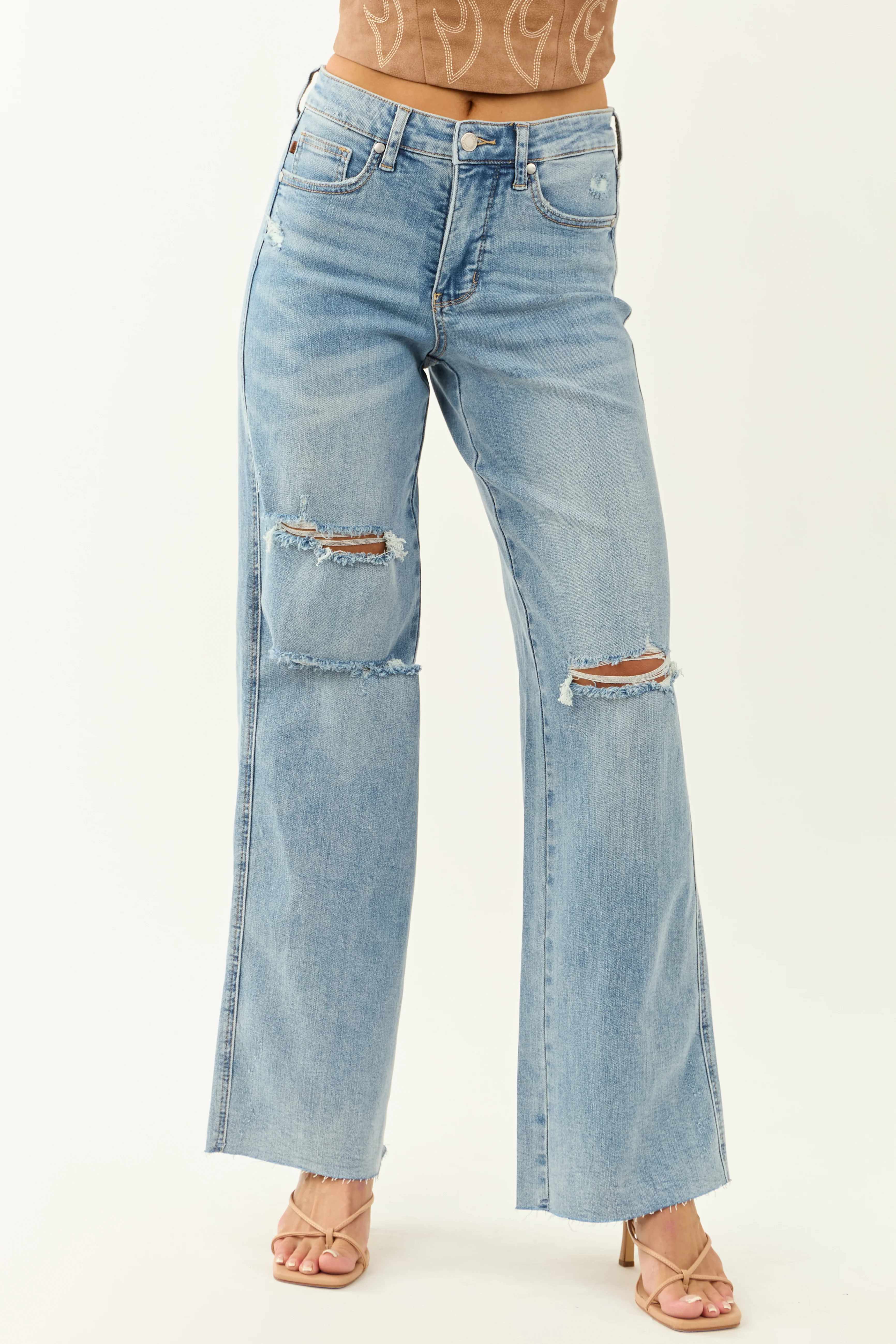 Judy Blue Tummy Control Distressed Stretchy Wide Jeans