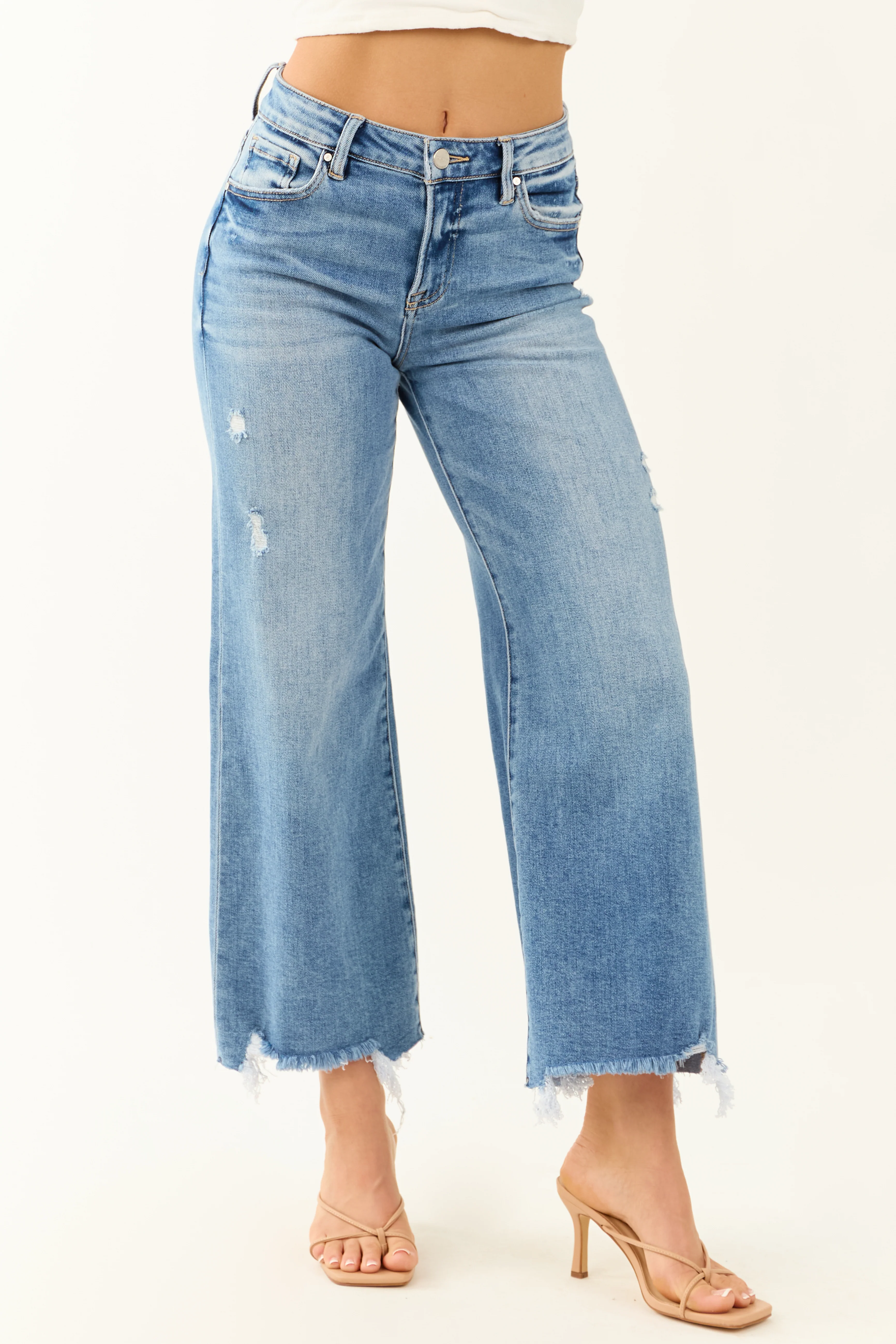 Risen Medium Wash Stretchy Wide Leg Jeans