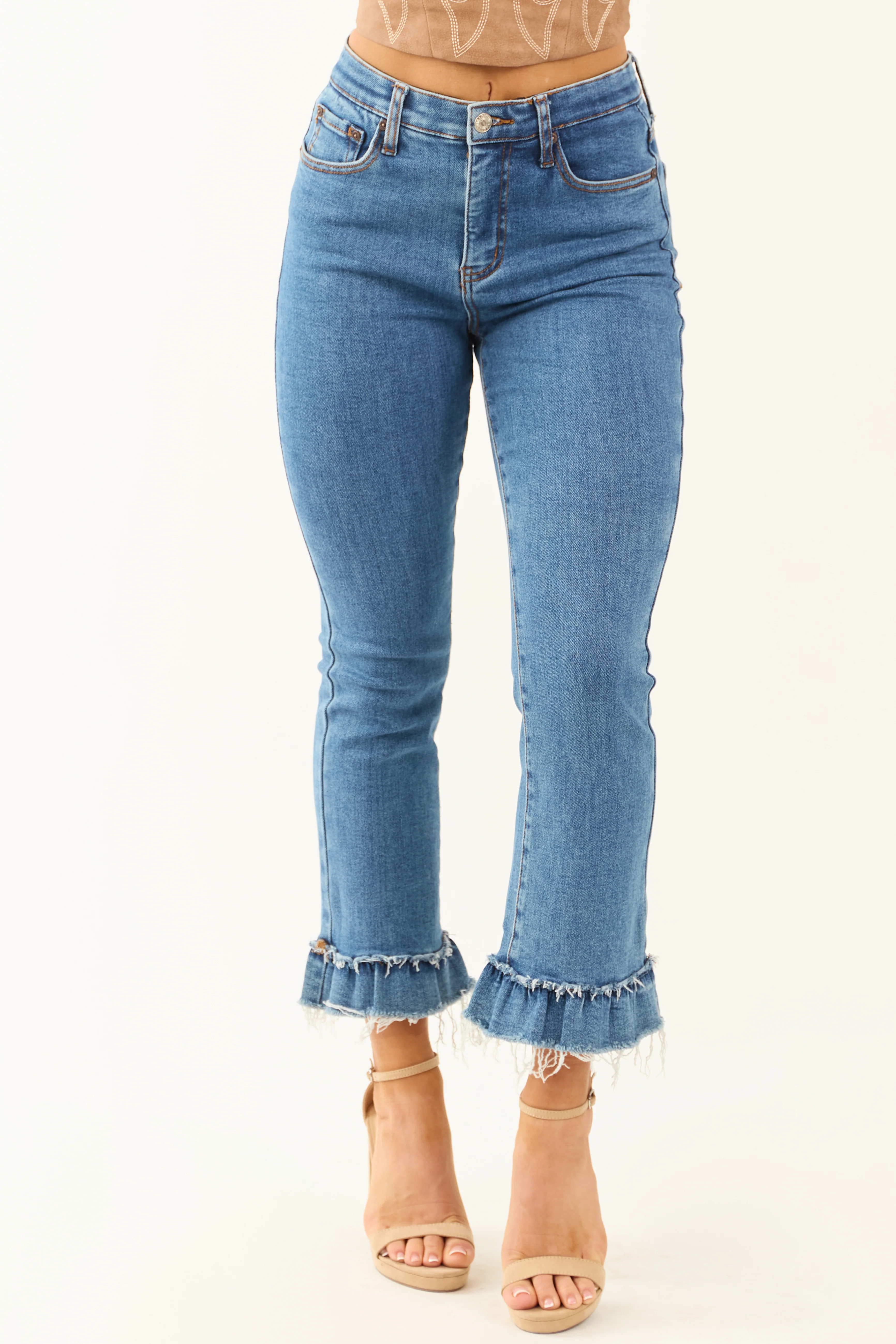 Special A Tummy Control Stretch Crop Ruffle Jeans