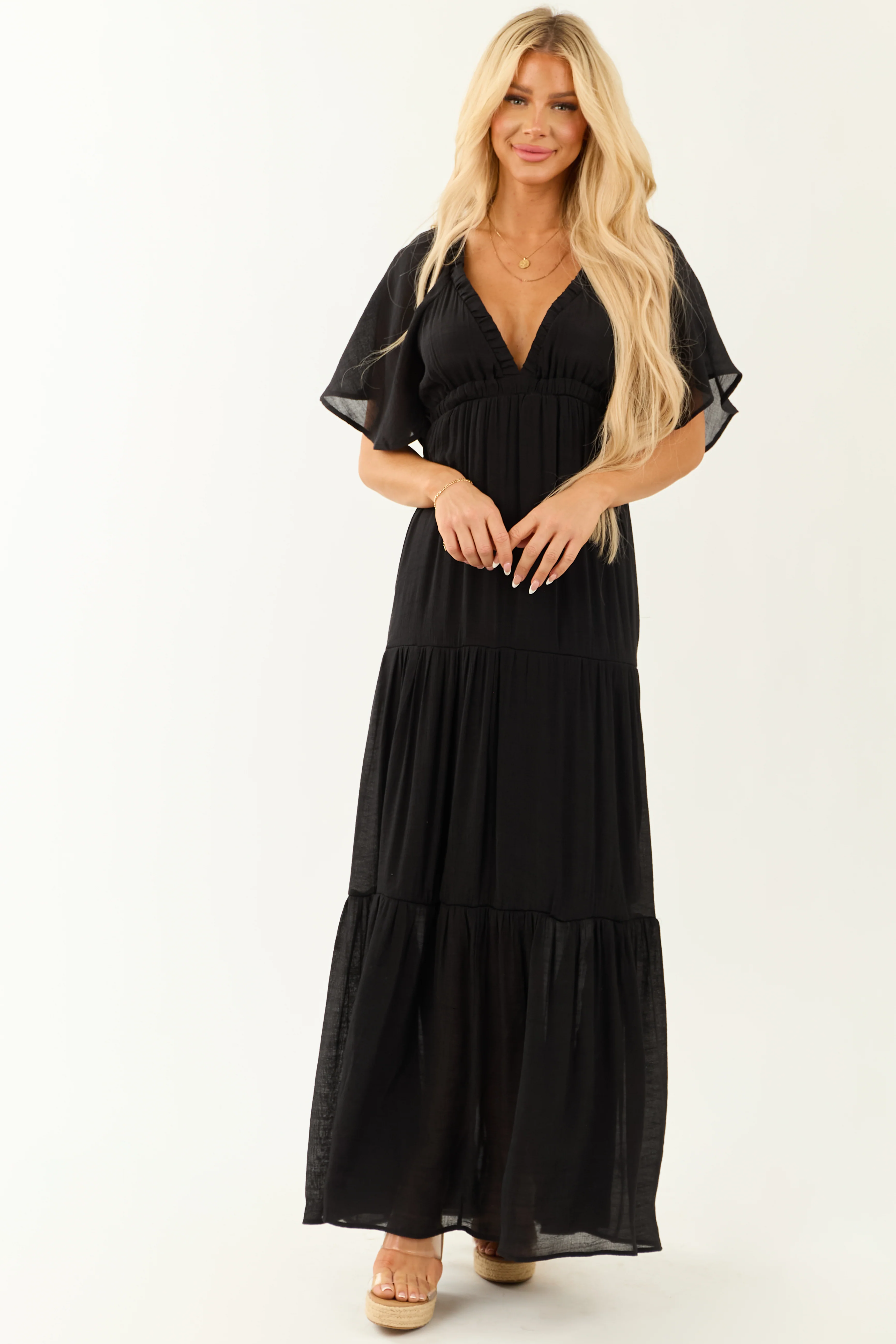 Black Deep V Neck Short Flutter Sleeve Maxi Dress