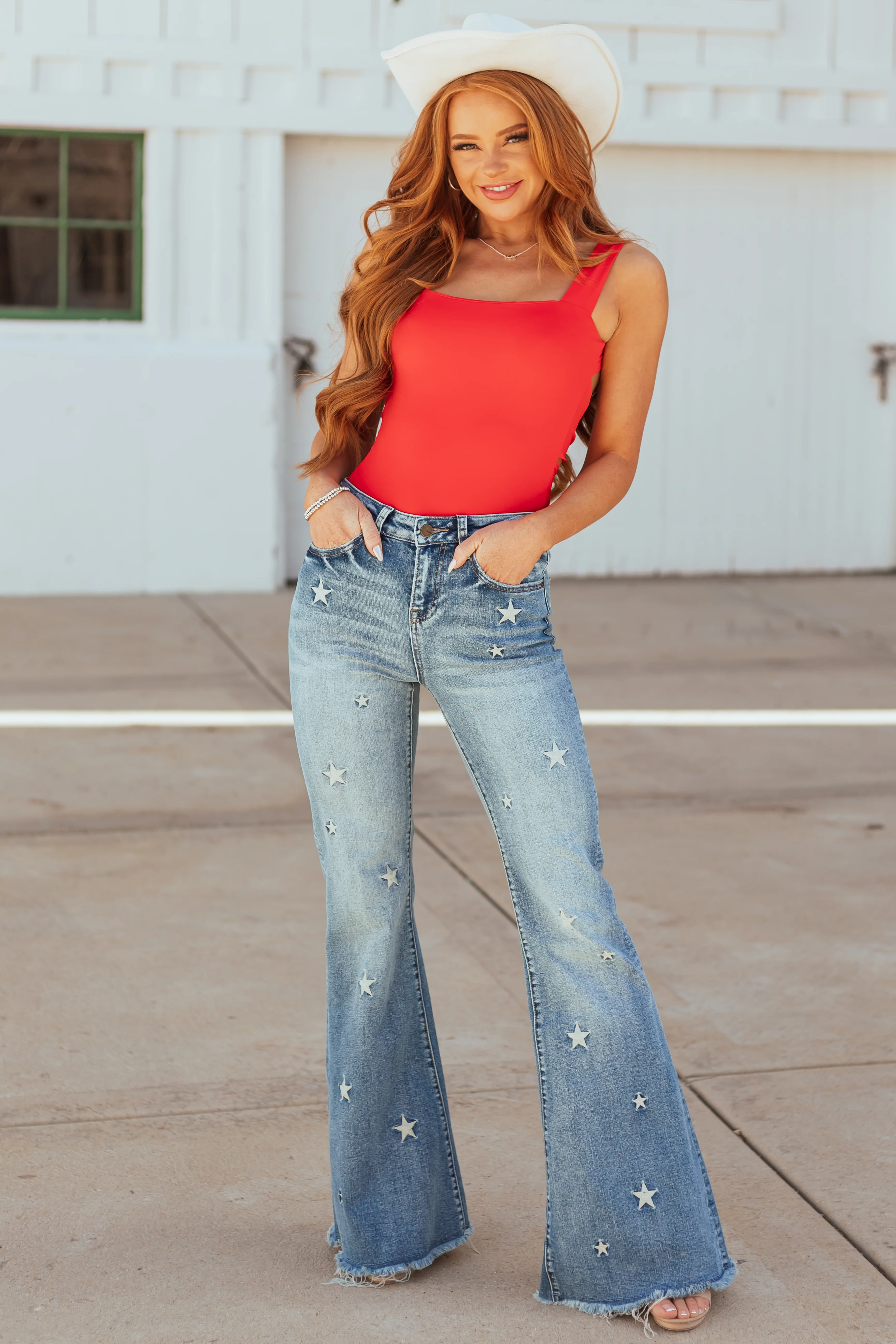 Mica Denim Medium Wash Stretchy Star Flare Jeans