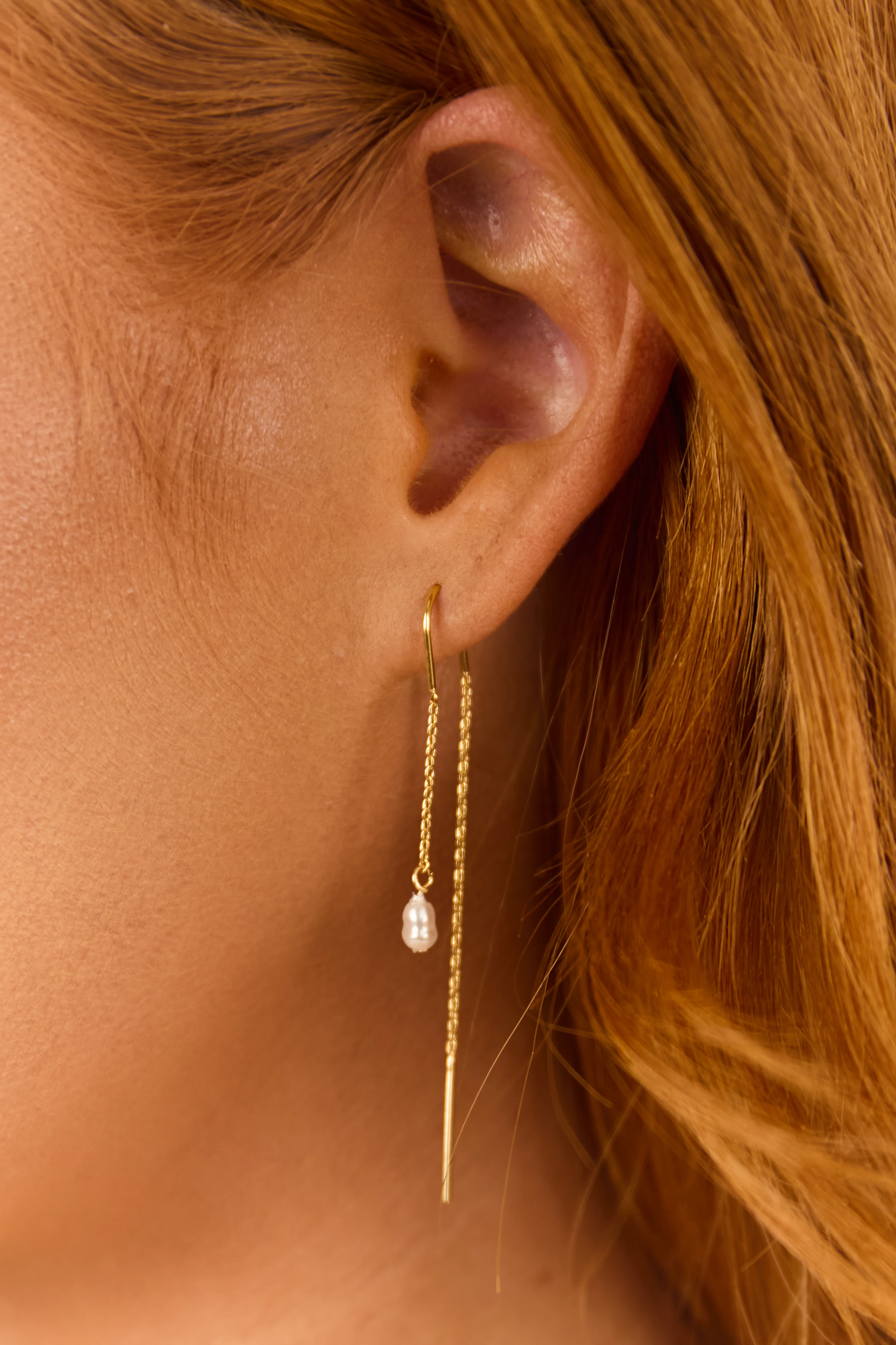 Gold Pearl and Bar Chain Threader Earrings