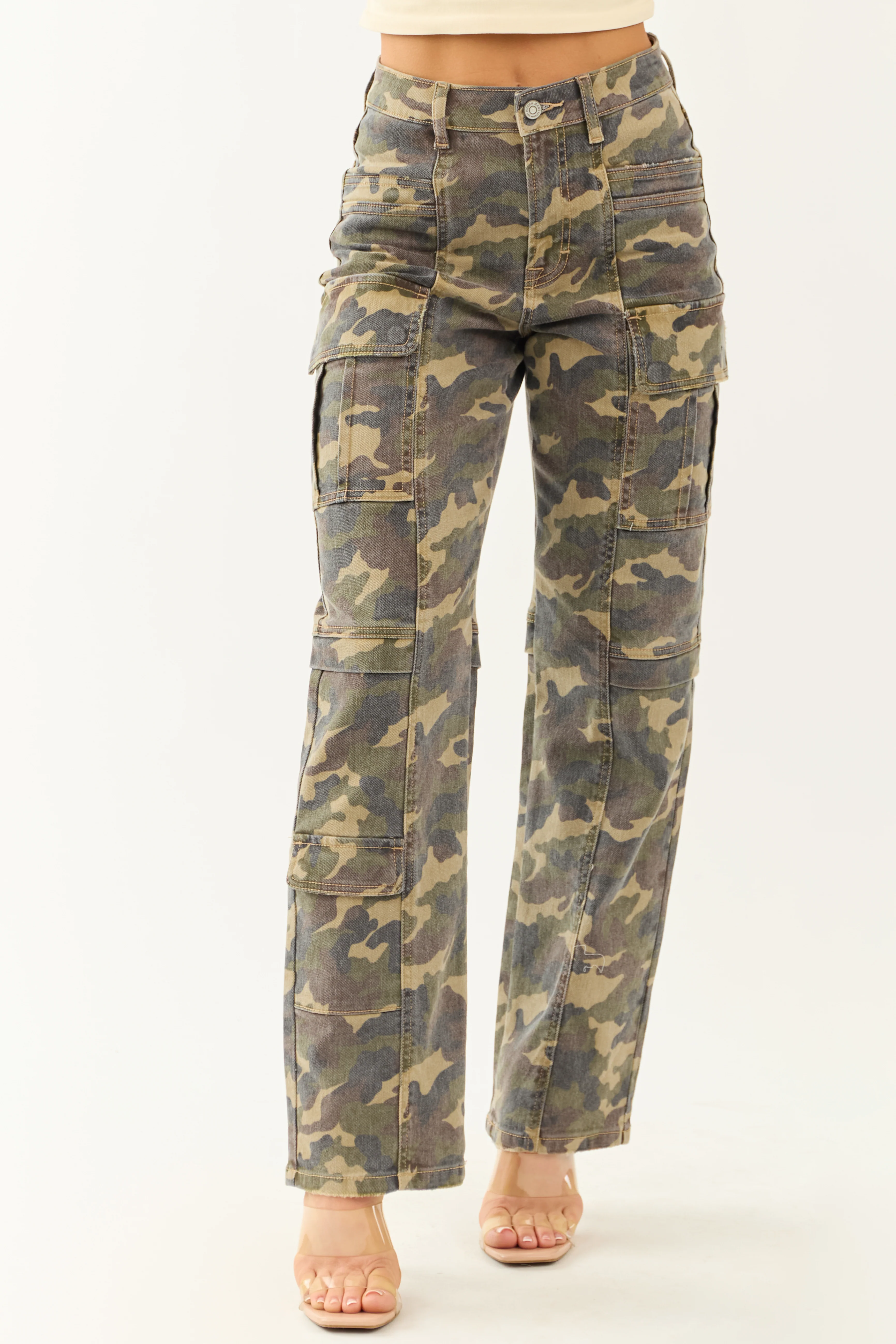 Hidden Camo Print High Rise Cargo Straight Jeans