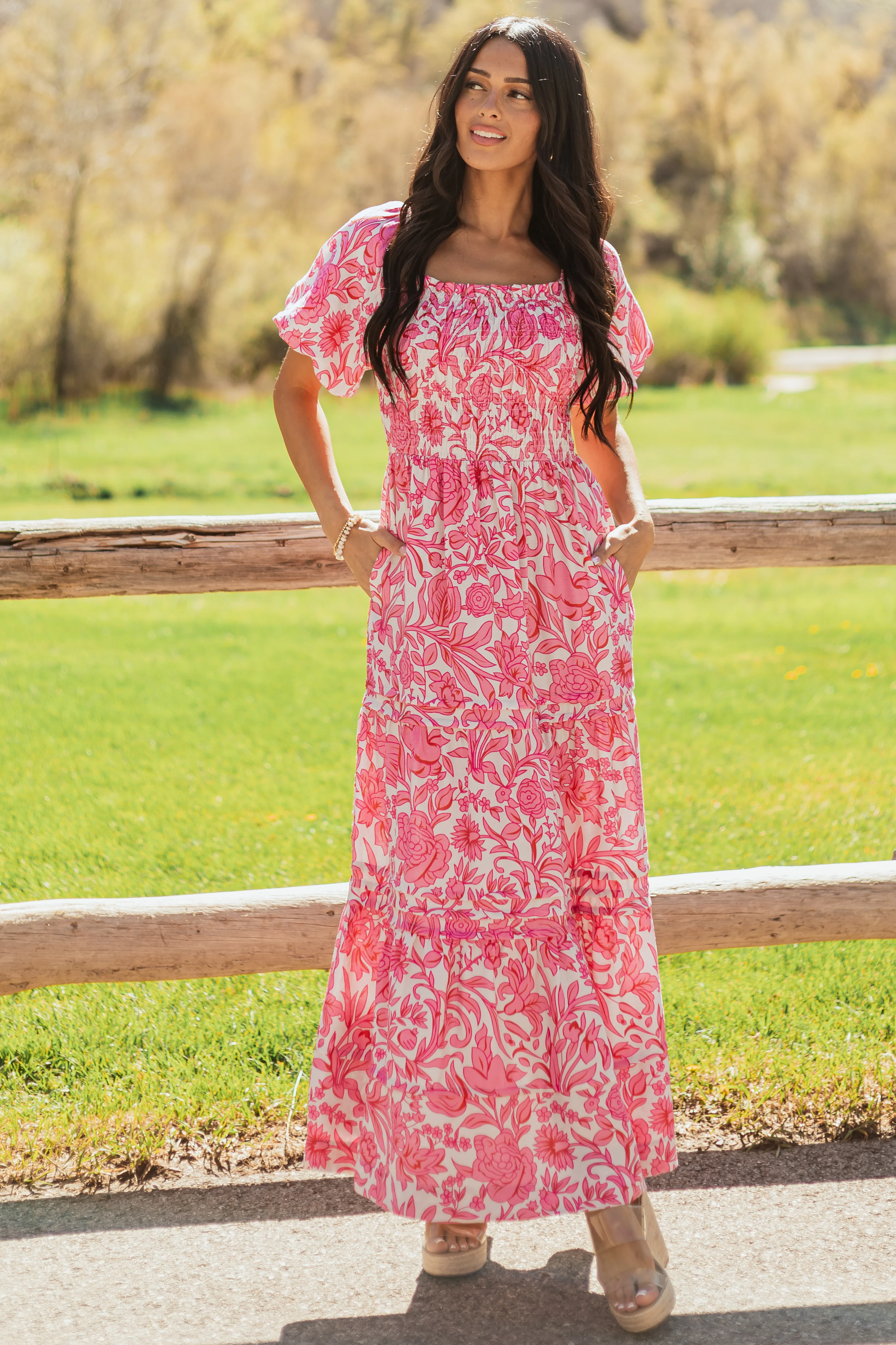 She+Sky Bubblegum Tiered Floral Maxi Dress