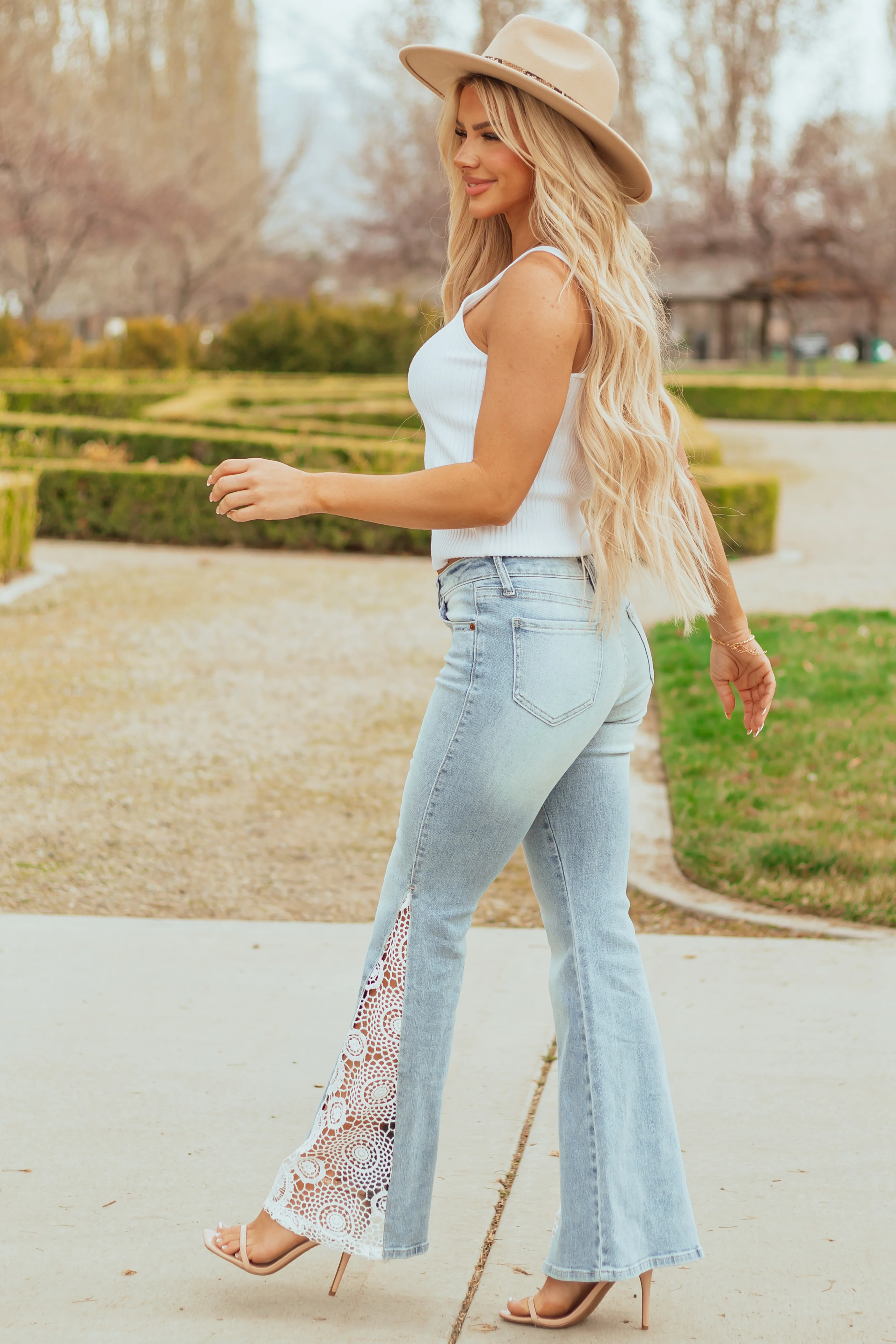 Cello Light Wash Stretchy Crochet Detail Flare Jeans