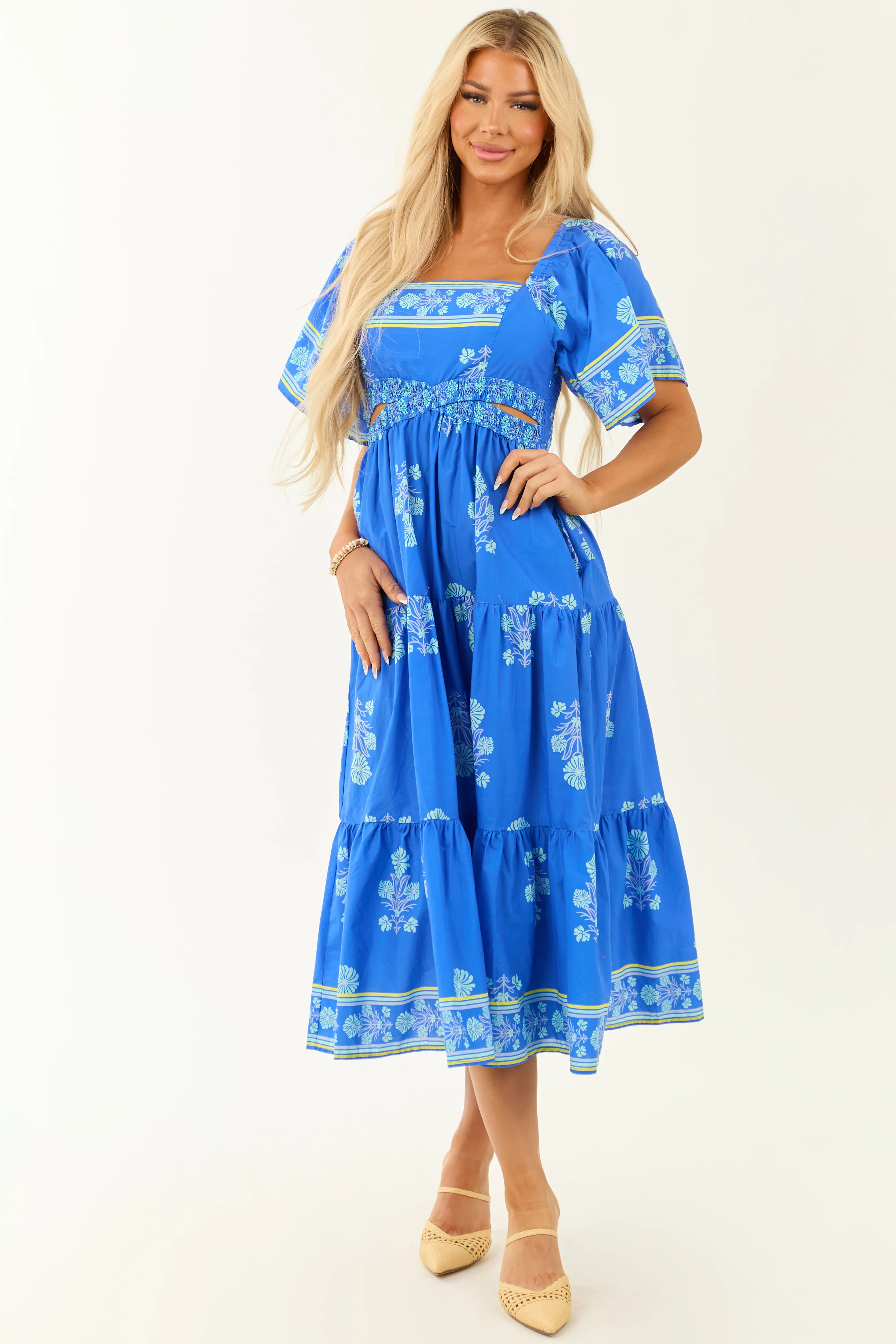 Royal Blue Floral Print Short Sleeve Midi Dress